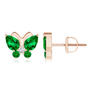 6x4mm AAAA Emerald Butterfly Stud Earrings with Diamond in Rose Gold