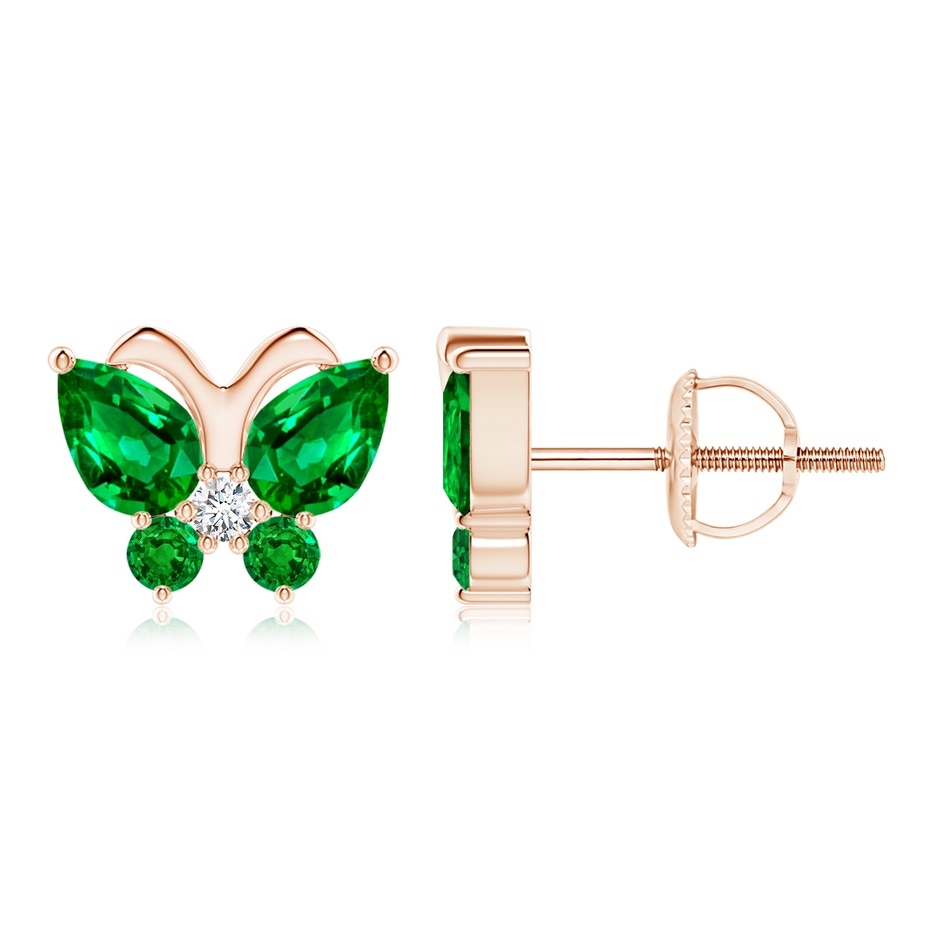 6x4mm AAAA Emerald Butterfly Stud Earrings with Diamond in Rose Gold 