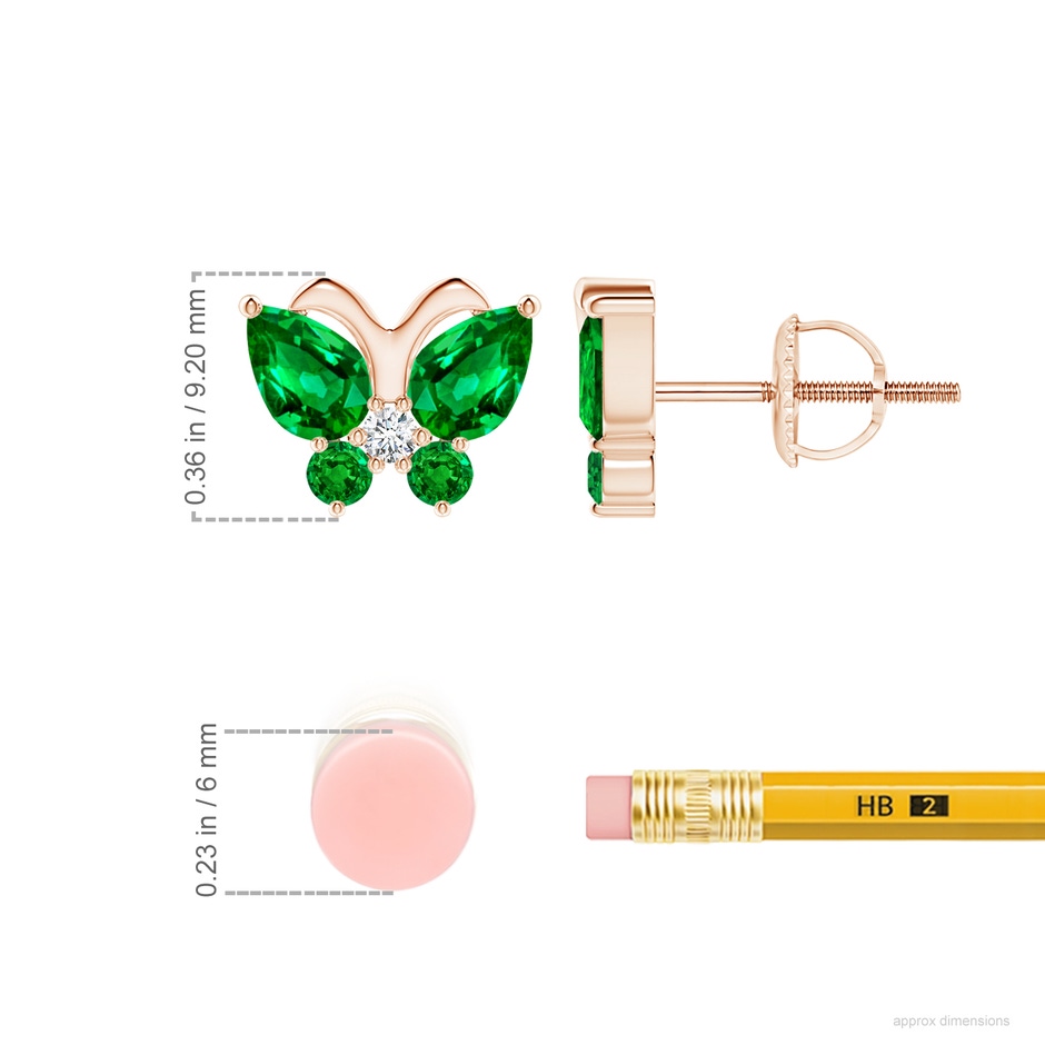 6x4mm AAAA Emerald Butterfly Stud Earrings with Diamond in Rose Gold ruler