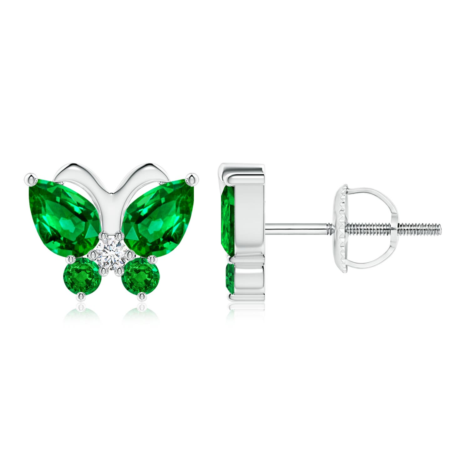 6x4mm AAAA Emerald Butterfly Stud Earrings with Diamond in White Gold