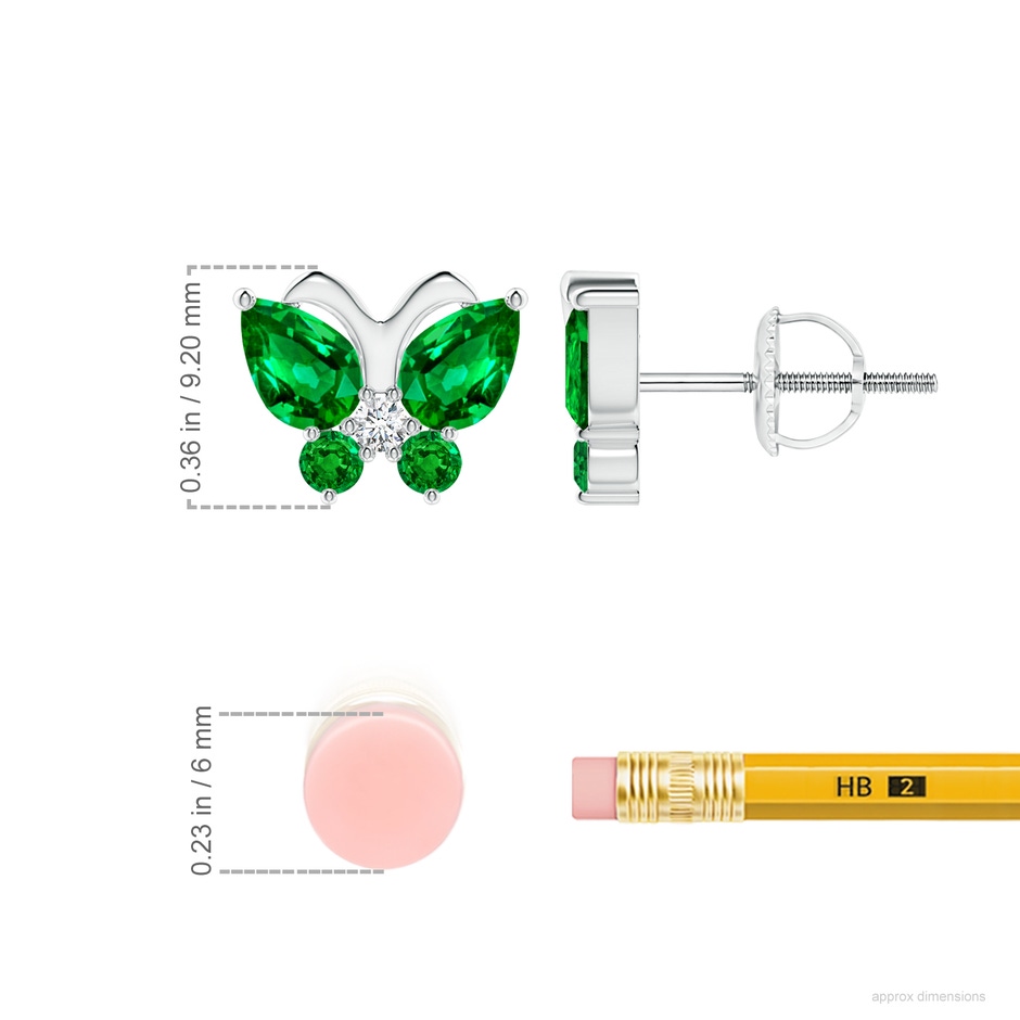 6x4mm AAAA Emerald Butterfly Stud Earrings with Diamond in White Gold ruler