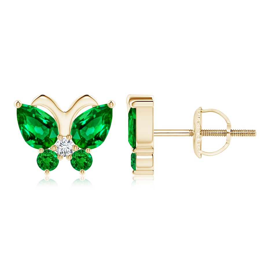6x4mm AAAA Emerald Butterfly Stud Earrings with Diamond in Yellow Gold 