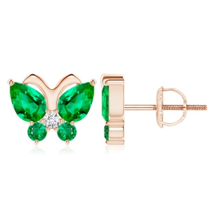 7x5mm AAA Emerald Butterfly Stud Earrings with Diamond in 10K Rose Gold