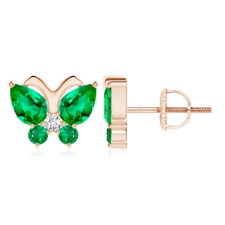 7x5mm AAA Emerald Butterfly Stud Earrings with Diamond in Rose Gold