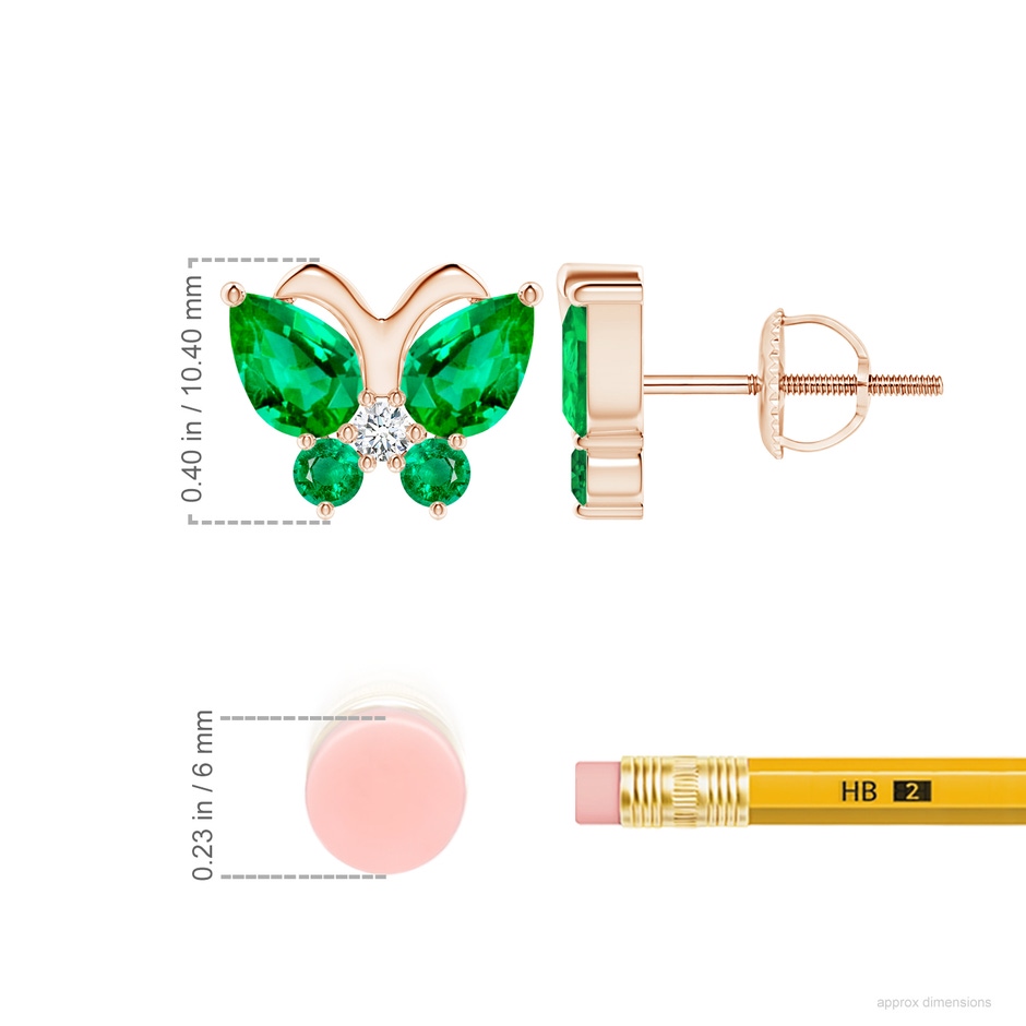 7x5mm AAA Emerald Butterfly Stud Earrings with Diamond in Rose Gold ruler