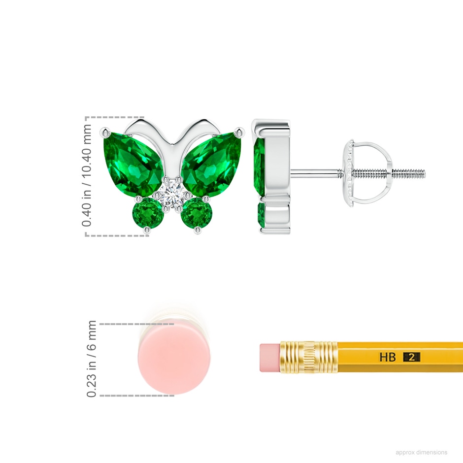 7x5mm AAAA Emerald Butterfly Stud Earrings with Diamond in P950 Platinum ruler