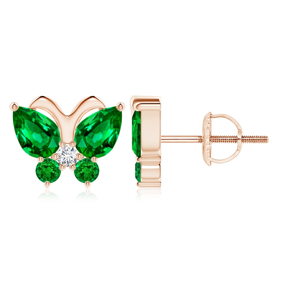 7x5mm AAAA Emerald Butterfly Stud Earrings with Diamond in Rose Gold 