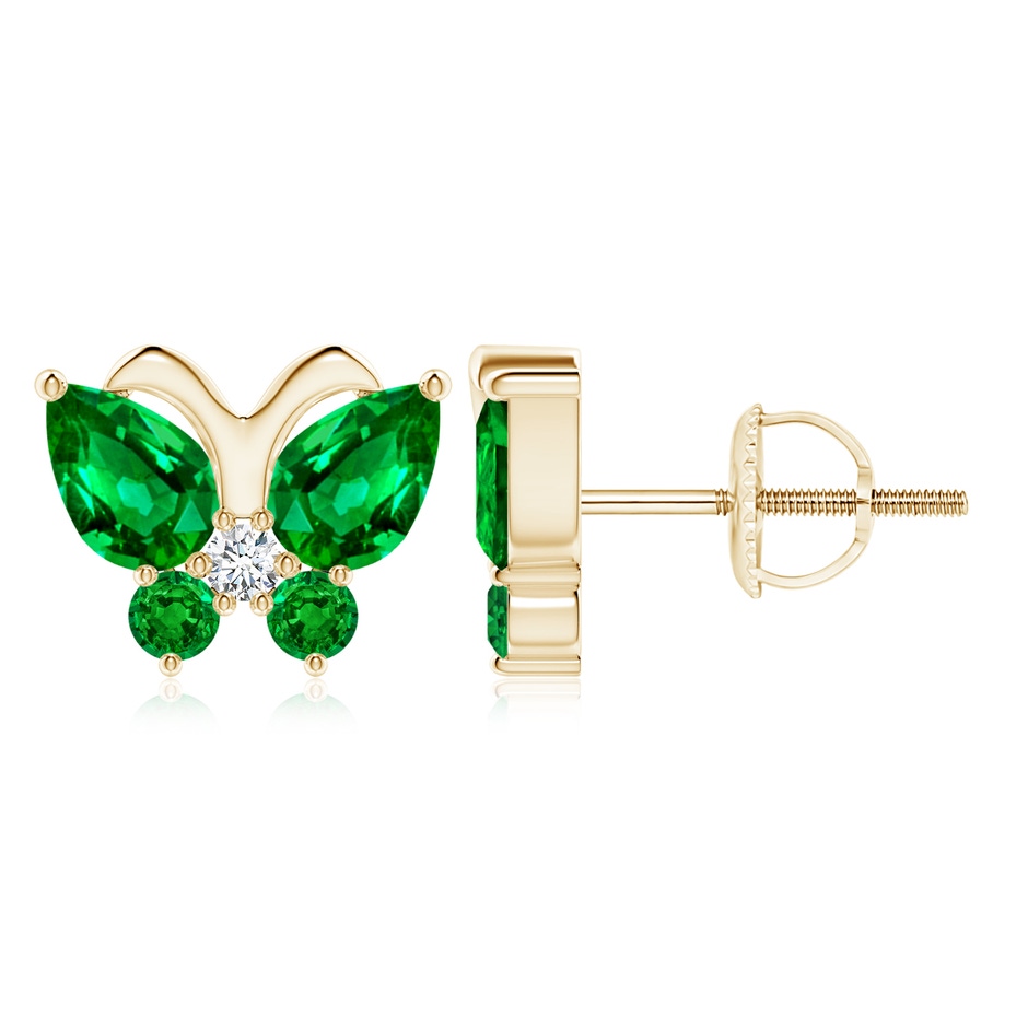 7x5mm AAAA Emerald Butterfly Stud Earrings with Diamond in Yellow Gold 
