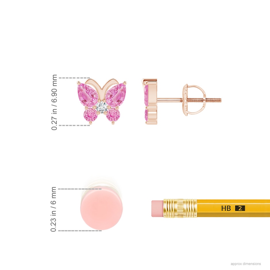 4x3mm A Pink Sapphire Butterfly Stud Earrings with Diamond in Rose Gold ruler