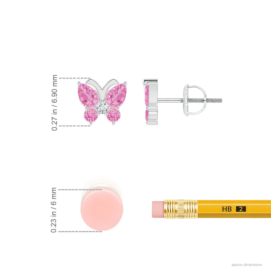 4x3mm A Pink Sapphire Butterfly Stud Earrings with Diamond in White Gold ruler