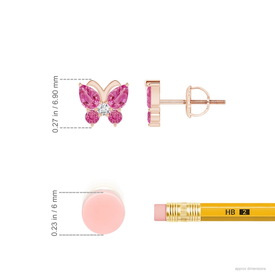 4x3mm AAA Pink Sapphire Butterfly Stud Earrings with Diamond in Rose Gold ruler