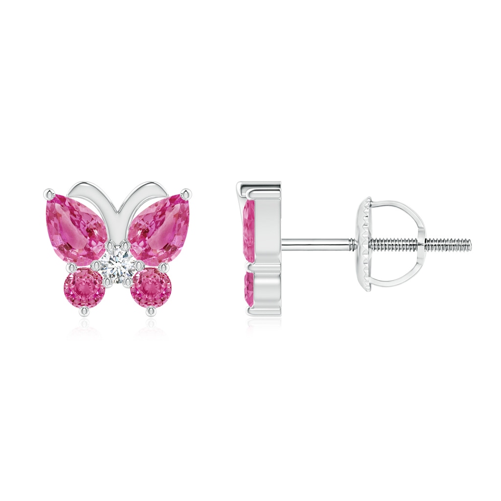 4x3mm AAA Pink Sapphire Butterfly Stud Earrings with Diamond in White Gold
