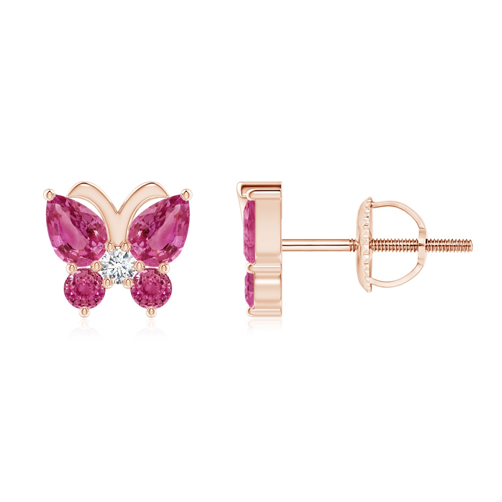 4x3mm AAAA Pink Sapphire Butterfly Stud Earrings with Diamond in Rose Gold