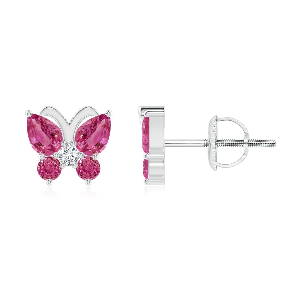 4x3mm AAAA Pink Sapphire Butterfly Stud Earrings with Diamond in White Gold 