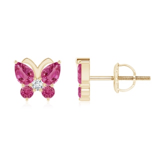 4x3mm AAAA Pink Sapphire Butterfly Stud Earrings with Diamond in Yellow Gold