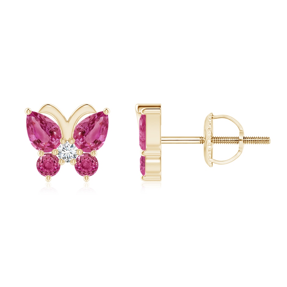 4x3mm AAAA Pink Sapphire Butterfly Stud Earrings with Diamond in Yellow Gold 
