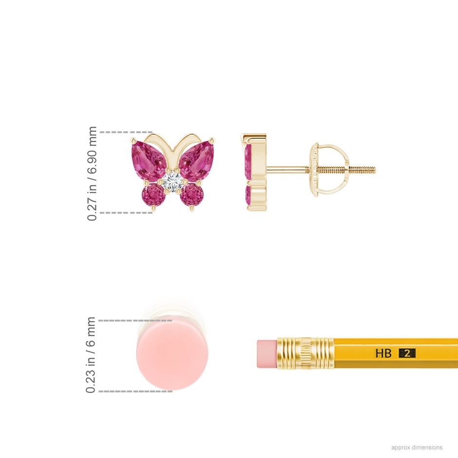 4x3mm AAAA Pink Sapphire Butterfly Stud Earrings with Diamond in Yellow Gold ruler