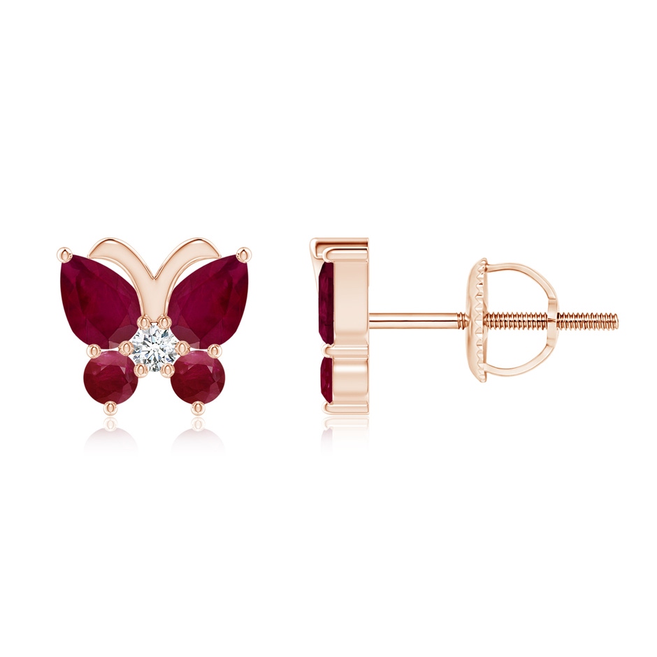 4x3mm A Ruby Butterfly Stud Earrings with Diamond in Rose Gold 