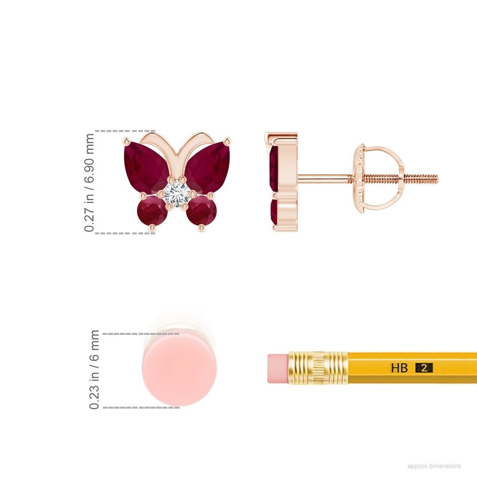 4x3mm A Ruby Butterfly Stud Earrings with Diamond in Rose Gold ruler
