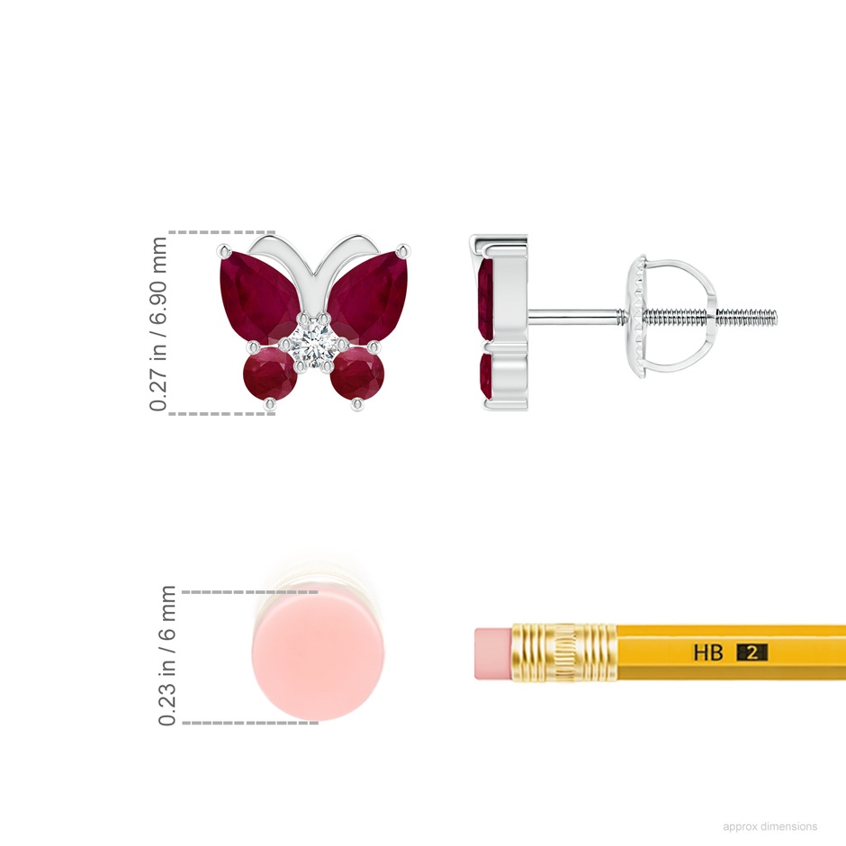 4x3mm A Ruby Butterfly Stud Earrings with Diamond in White Gold ruler