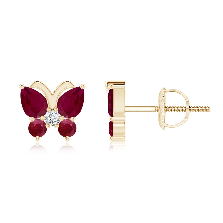 4x3mm A Ruby Butterfly Stud Earrings with Diamond in Yellow Gold 