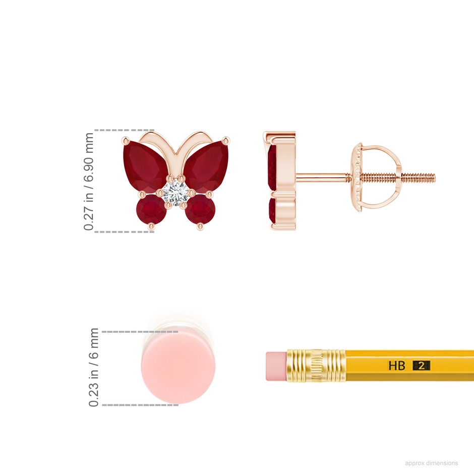 4x3mm AA Ruby Butterfly Stud Earrings with Diamond in Rose Gold ruler