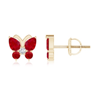 4x3mm AAA Ruby Butterfly Stud Earrings with Diamond in 9K Yellow Gold