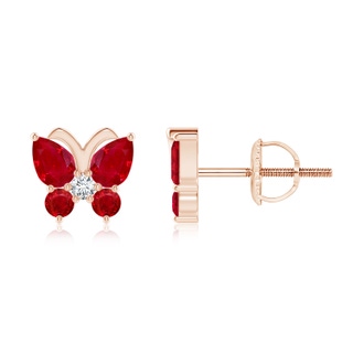 4x3mm AAA Ruby Butterfly Stud Earrings with Diamond in Rose Gold