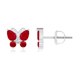 4x3mm AAA Ruby Butterfly Stud Earrings with Diamond in White Gold