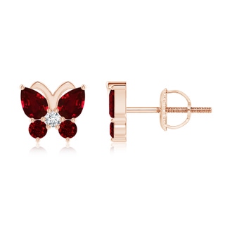 4x3mm AAAA Ruby Butterfly Stud Earrings with Diamond in 9K Rose Gold