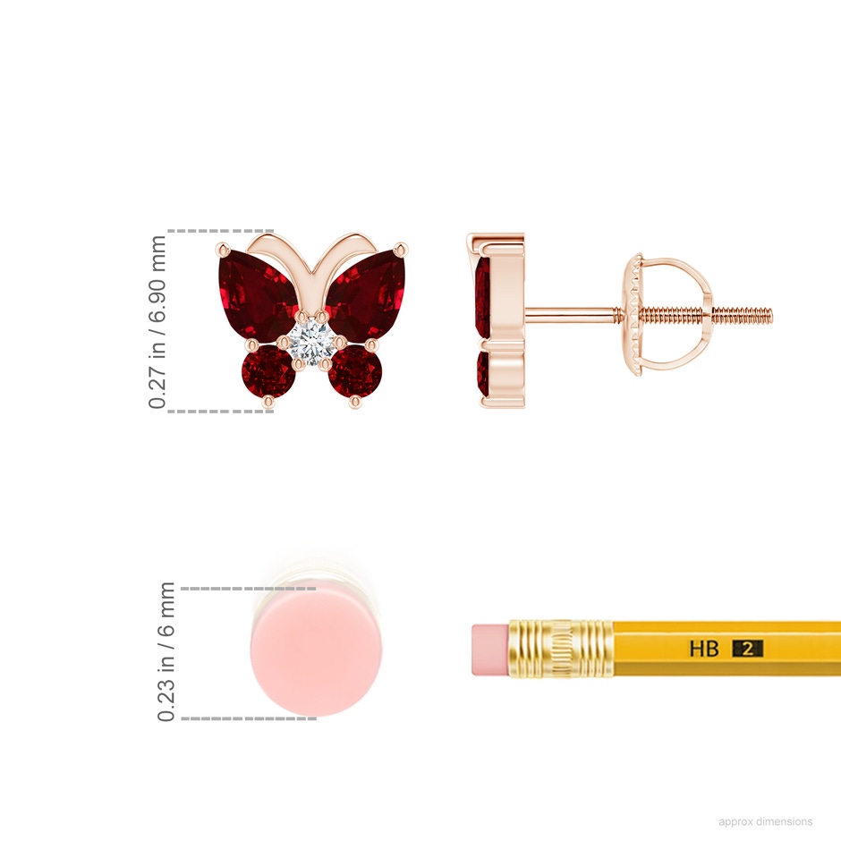 4x3mm AAAA Ruby Butterfly Stud Earrings with Diamond in Rose Gold ruler