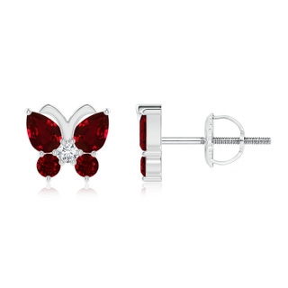 4x3mm AAAA Ruby Butterfly Stud Earrings with Diamond in White Gold