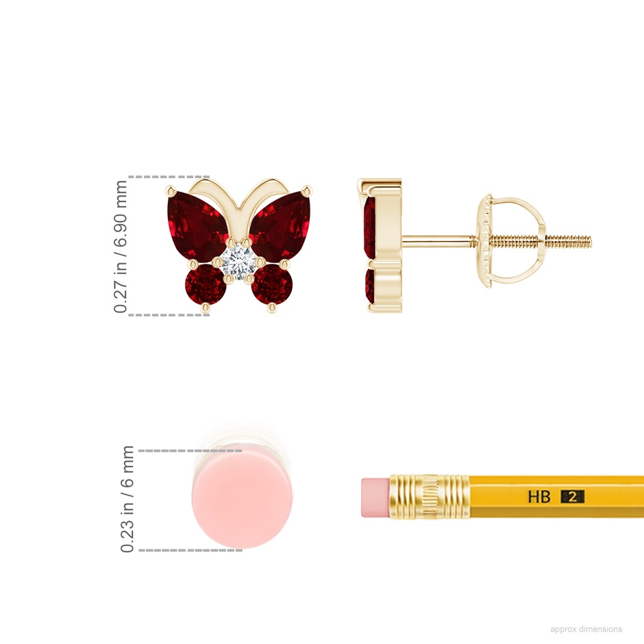 4x3mm AAAA Ruby Butterfly Stud Earrings with Diamond in Yellow Gold ruler