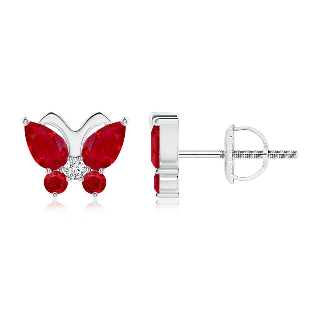 5x3mm AAA Ruby Butterfly Stud Earrings with Diamond in 18K White Gold