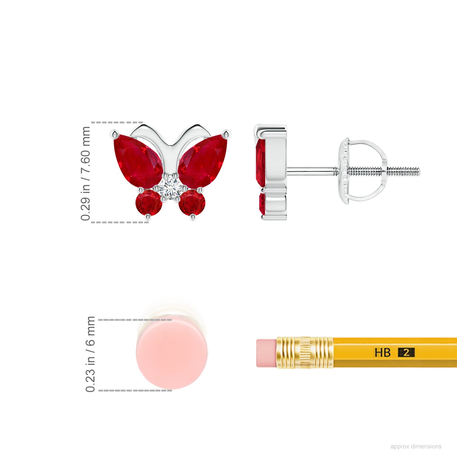5x3mm AAA Ruby Butterfly Stud Earrings with Diamond in 18CT White Gold - ruler