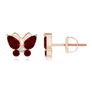 5x3mm AAAA Ruby Butterfly Stud Earrings with Diamond in Rose Gold