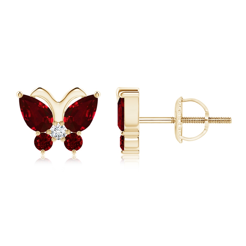 5x3mm AAAA Ruby Butterfly Stud Earrings with Diamond in Yellow Gold 