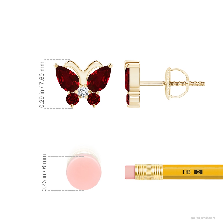 5x3mm AAAA Ruby Butterfly Stud Earrings with Diamond in Yellow Gold ruler