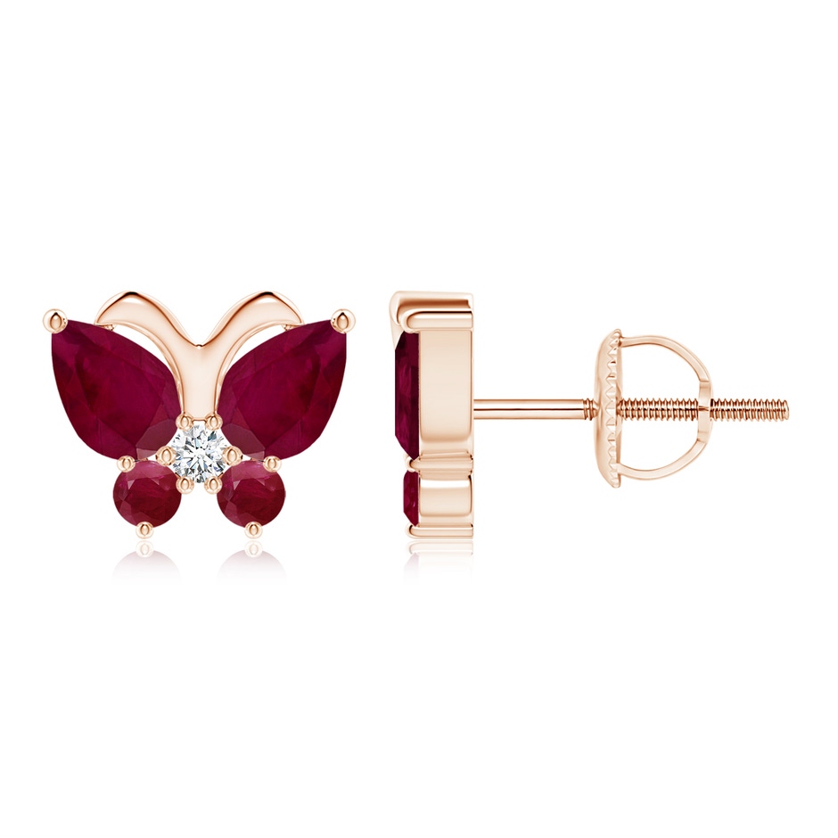 6x4mm A Ruby Butterfly Stud Earrings with Diamond in Rose Gold 