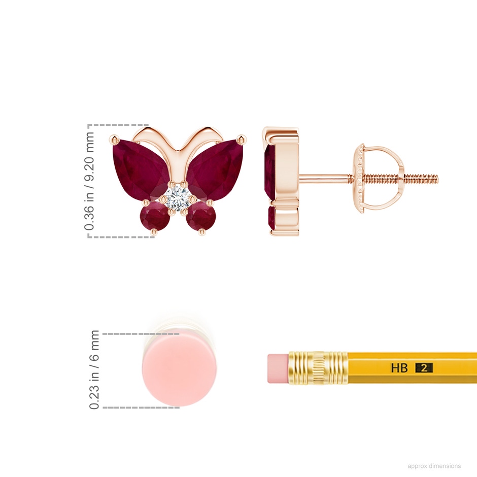 6x4mm A Ruby Butterfly Stud Earrings with Diamond in Rose Gold ruler