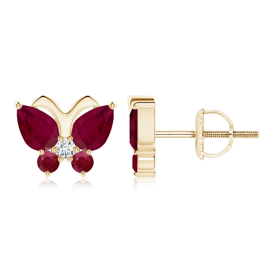 6x4mm A Ruby Butterfly Stud Earrings with Diamond in Yellow Gold 
