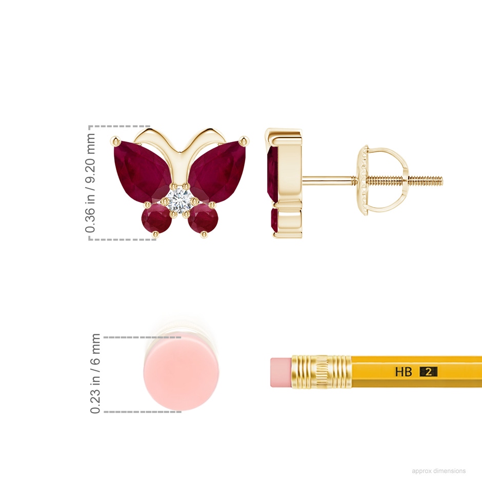 6x4mm A Ruby Butterfly Stud Earrings with Diamond in Yellow Gold ruler