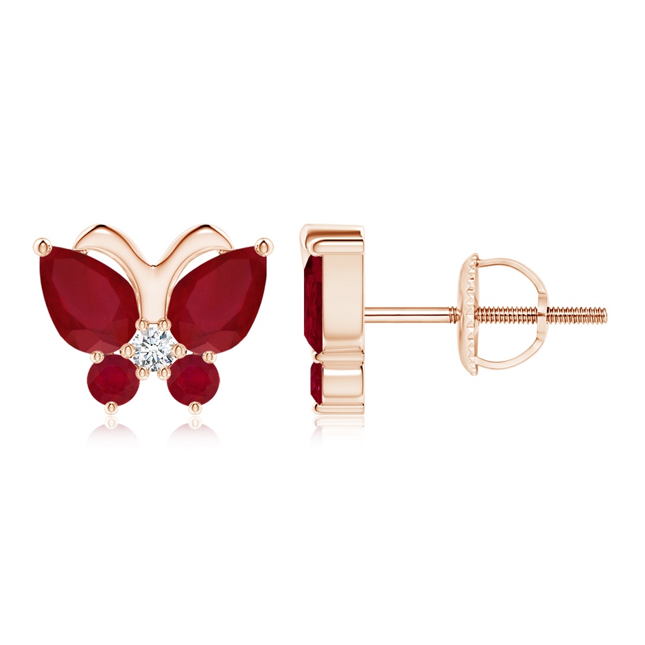 6x4mm AA Ruby Butterfly Stud Earrings with Diamond in Rose Gold 