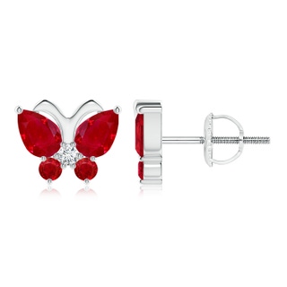 6x4mm AAA Ruby Butterfly Stud Earrings with Diamond in P950 Platinum