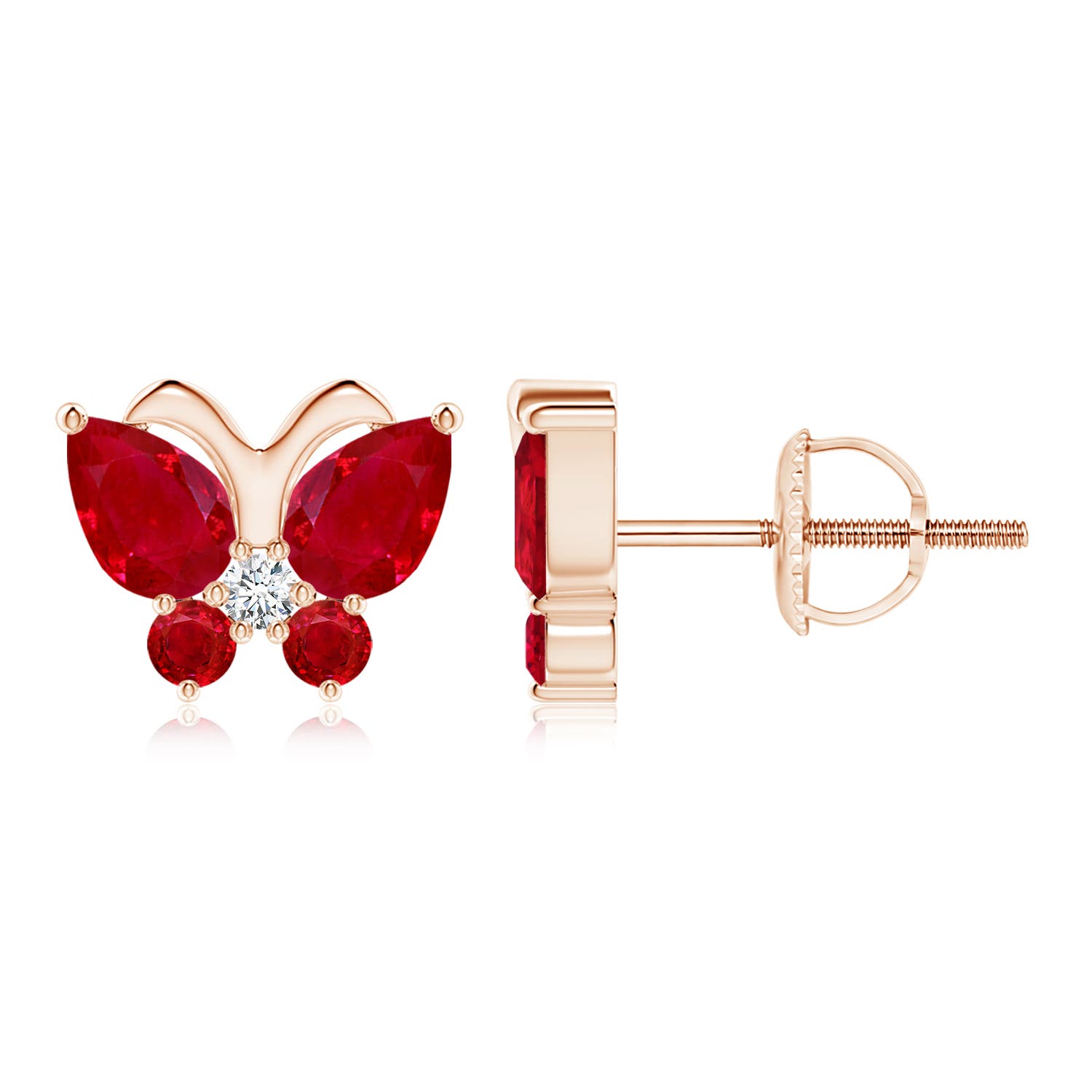 6x4mm AAA Ruby Butterfly Stud Earrings with Diamond in Rose Gold