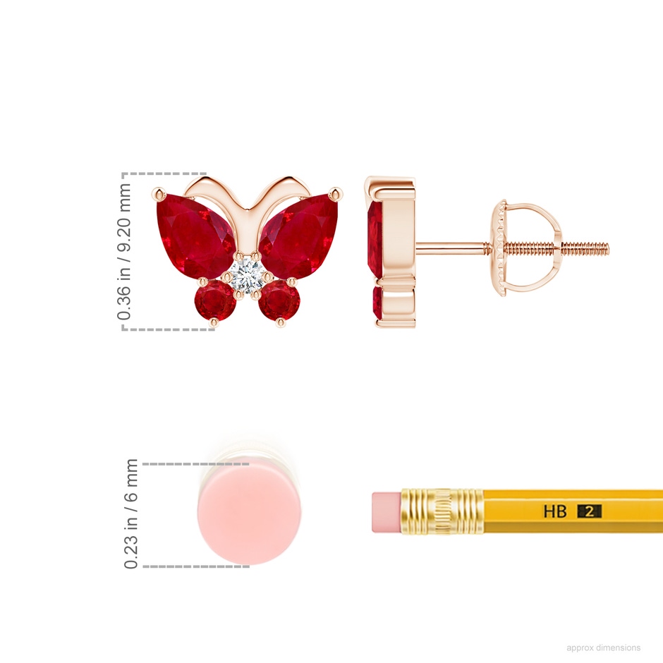 6x4mm AAA Ruby Butterfly Stud Earrings with Diamond in Rose Gold ruler