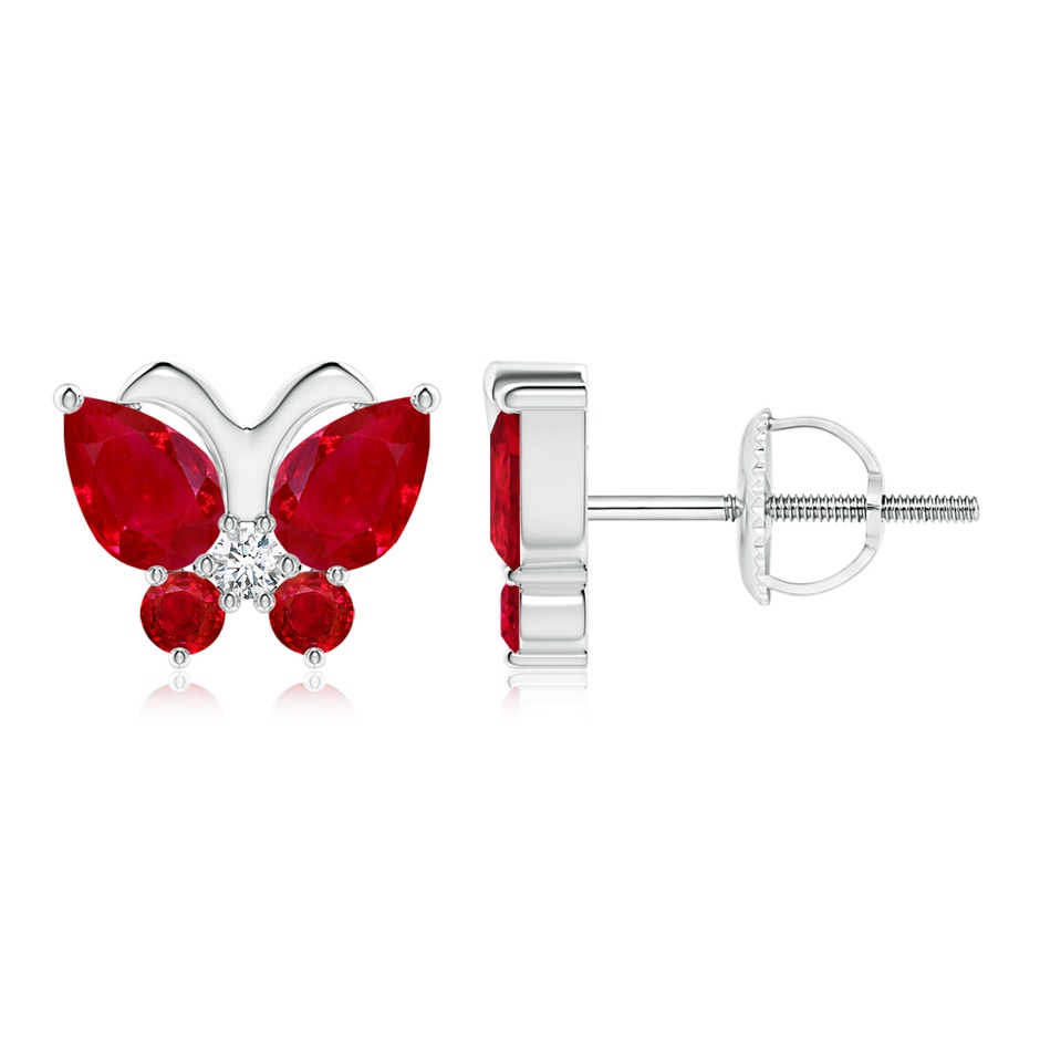 6x4mm AAA Ruby Butterfly Stud Earrings with Diamond in White Gold 