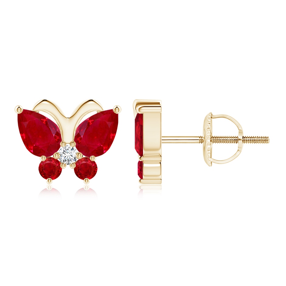 6x4mm AAA Ruby Butterfly Stud Earrings with Diamond in Yellow Gold 