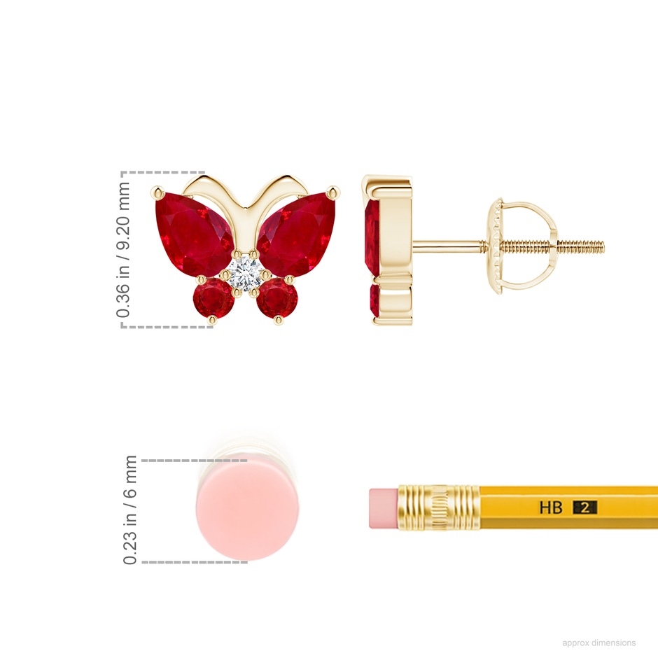 6x4mm AAA Ruby Butterfly Stud Earrings with Diamond in Yellow Gold ruler