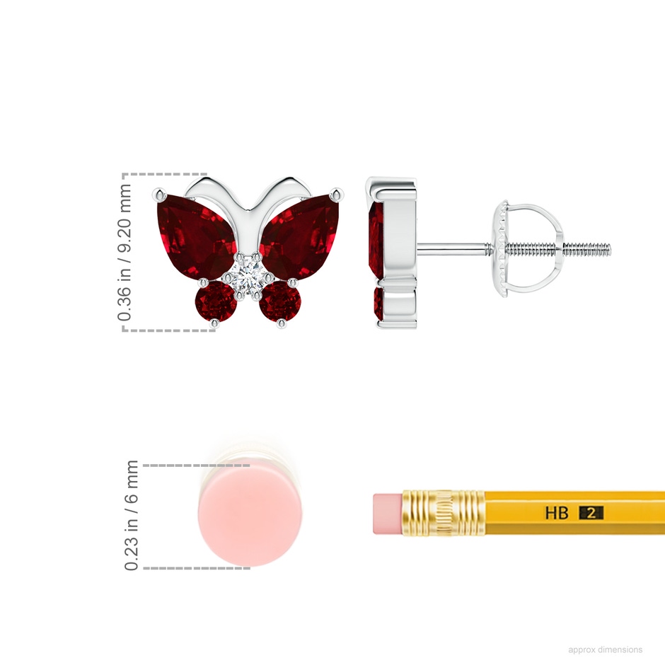 6x4mm AAAA Ruby Butterfly Stud Earrings with Diamond in P950 Platinum ruler